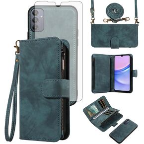 Asuwish Phone Case for Samsung Galaxy A15 5G/4G Zipper Wallet Magnetic Cell Cover with Tempered Glass Screen Protector Crossbody Wrist Strap Flip Credit Card Holder Purse A 15 G5 15A Women Girls Blue