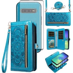 Asuwish Phone Case for Samsung Galaxy S10 Plus Zipper Wallet Magnetic Detachable Cell Cover with Tempered Glass Screen Protector Strap Flower Card Holder S10+ S10plus 10S Edge S 10 10plus Women Purple