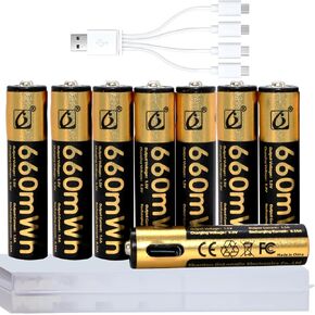 AAA Rechargeable Lithium Batteries - 4 Pack USB-C Rechargable Li-Ion Battery 1.5V AAA 660mAh with 4 in 1 USB to Type-C Charger Fast Charging Cable High Output (4 Pack 1.5V AAA)
