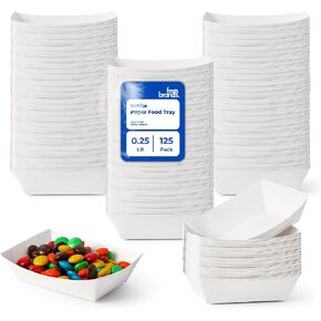 Fit Meal Prep [125 Pack 1 lb Paper Food Trays Heavy Duty Disposable Food Boats, White Nacho Tray for Parties Fairs Picnics Carnivals, Holds Sause Candies Nut Grease Resistant