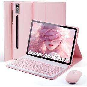 Keyboard Case for Lenovo Tab P12 12.7 Inch 2023/2024 - Mouse and Detachable Keyboard PU Leather Cover Case Auto Sleep/Wake - Black