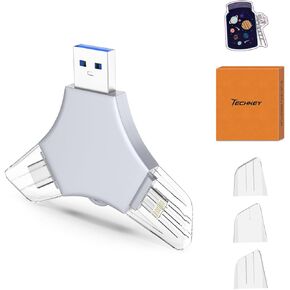 USB 3.0 Flash Drive 64gb for iPhone, 3in1 External Memory Picture Keeper Storage Stick for Photo/Video/Data Saver/Backup, V7.07High Speed Thumb Drives for iPhone/iPad/Android/PC - Ash