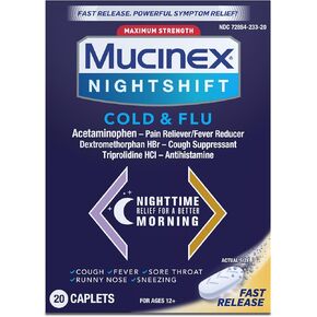 Mucinex Nightshift Cold & Flu, Maximum Strength Powerful Multi-symptom Nighttime Relief, 20 Fast Release Caplets - Pain Reliever/Fever Reducer, Cough Suppressant, Antihistamine