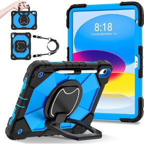 Rugged Case for iPad (A16)11th /10th Generation 11/10.9 Inch 2025/2022 - Military Shockproof Cover with Rotating Stand, Screen Protector, Pencil Holder & Shoulder Strap for Kids, Black+Blue