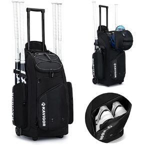 Rolling Baseball Bag with Wheels, 60L Capacity Softball Bag Holds 4 Bats for Boys and Girls, Youth Equipment Bag with Shoe Compartment