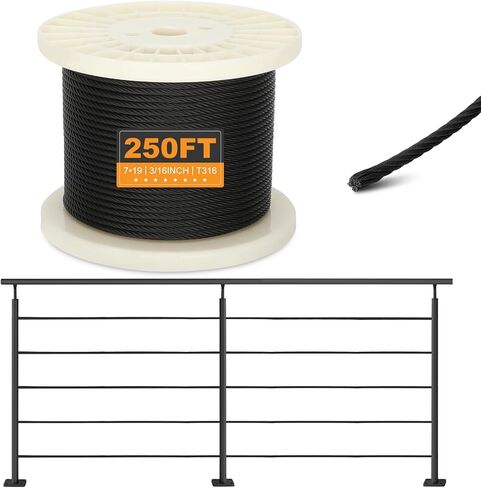 T316 Black 3/16" Stainless Steel Cable, 50ft Wire Rope, 7X19 Strands Aircraft Cable, 3700lbs Breaking Strength, Zip Line for Heavy Duty Applications, Deck Railing, String Lights & Yard Zipline in Kuwait