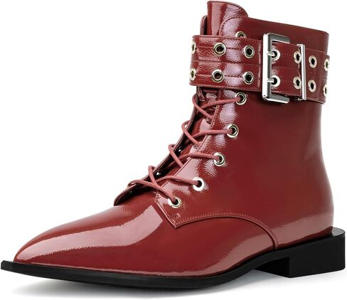 Women's Metal Eyelets Buckle Straps Ankle Booties,Pointed Toe Side Zipper Chunky Low Heel Gothic chelsea boots Combat Motorcycle Shoes in Saudi Arabia