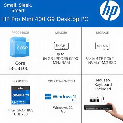 HP 2025 Pro 400 G9 Mini PC Computer ، أحدث 13th Gen Intel Core I3 CPU ، 32GB DDR5 RAM ، 1TB PCIE SSD ، Triple 4K Display Support ، USB-C ، Bluetooth 5.2 ، WiFi 6E ، KB & Mouse ، Windows 11 Pro in Saudi Arabia
