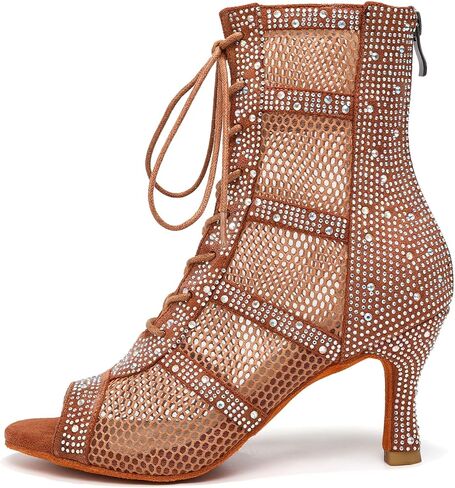 AOQUNFS Women Latin Dance Shoes Lace-up Rhinestones Ballroom Salsa Boots Dance Heels in Kuwait