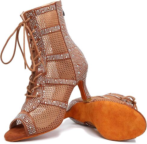 AOQUNFS Women Latin Dance Shoes Lace-up Rhinestones Ballroom Salsa Boots Dance Heels in Kuwait