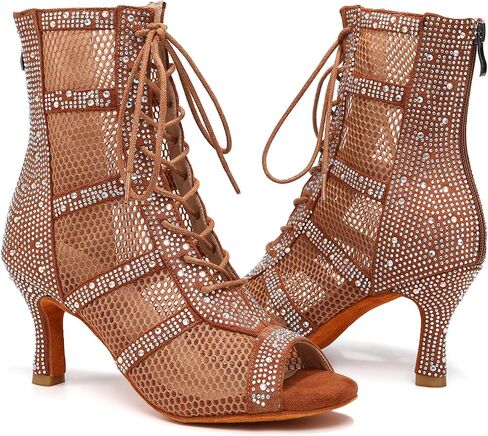AOQUNFS Women Latin Dance Shoes Lace-up Rhinestones Ballroom Salsa Boots Dance Heels in Kuwait