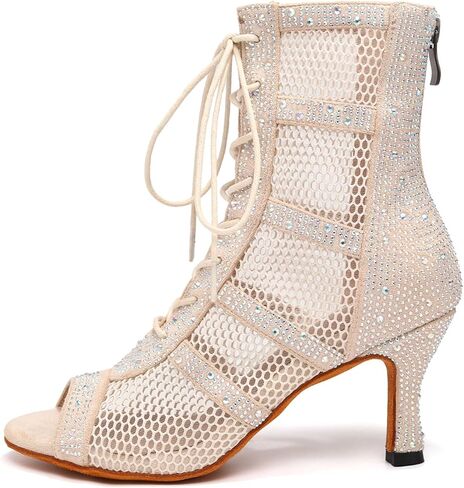 AOQUNFS Women Latin Dance Shoes Lace-up Rhinestones Ballroom Salsa Boots Dance Heels in Kuwait