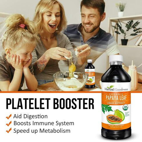 Papaya Leaf Extract Platelet Support - 15X Blood Platelet Boost, Bone Marrow & Spleen Support, Immune & Gut Health, Digestive Enzyme - Organic Kosher 16 oz Liquid Extract - Herbal Goodness in Saudi Arabia