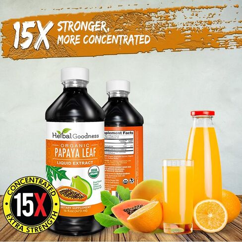 Papaya Leaf Extract Platelet Support - 15X Blood Platelet Boost, Bone Marrow & Spleen Support, Immune & Gut Health, Digestive Enzyme - Organic Kosher 16 oz Liquid Extract - Herbal Goodness in Saudi Arabia