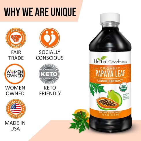 Papaya Leaf Extract Platelet Support - 15X Blood Platelet Boost, Bone Marrow & Spleen Support, Immune & Gut Health, Digestive Enzyme - Organic Kosher 16 oz Liquid Extract - Herbal Goodness in Saudi Arabia