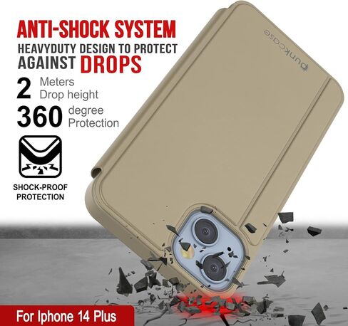 Punkcase for iPhone 14 Plus Reflector Case Protective Flip Cover W/Scratch Resistant Semi-Translucent Mirror Front & Non-Slip PU Leather Back for iPhone 14+ Plus (6.7") (2022) (Gold) in Saudi Arabia