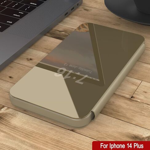 Punkcase for iPhone 14 Plus Reflector Case Protective Flip Cover W/Scratch Resistant Semi-Translucent Mirror Front & Non-Slip PU Leather Back for iPhone 14+ Plus (6.7") (2022) (Gold) in Saudi Arabia