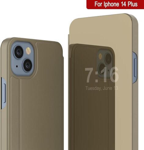 Punkcase for iPhone 14 Plus Reflector Case Protective Flip Cover W/Scratch Resistant Semi-Translucent Mirror Front & Non-Slip PU Leather Back for iPhone 14+ Plus (6.7") (2022) (Gold) in Saudi Arabia