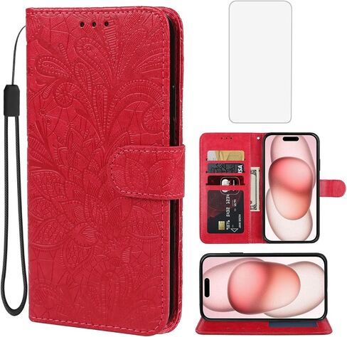 حالة iPhone 15 CASE 6.1 "، Apple 15 Wallet Case مع حامي شاشة زجاجي مقسى ، غطاء هاتف بطاقة ائتمان من Lace Pu Pu Pu PU in Saudi Arabia