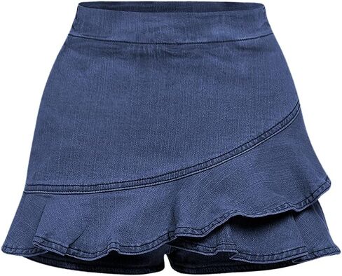 Girl's Casual Elastic High Waist Solid Ruffle Hem Regular Fit Denim Skort Skirt in Saudi Arabia