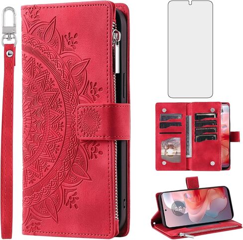 علبة الهاتف لـ Motorola Moto G Power 5G 2024 غطاء محفظة مع شاشة زجاجية مقسمة حزام معصم Mandala Flower Leath in Kuwait