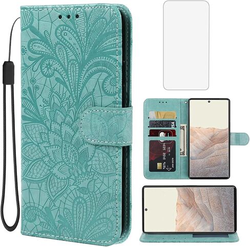 Case for Pixel 6 Case, Google 6 G9S9B Wallet Case with Tempered Glass Screen Protector, Lace Flower PU Leather Flip Credit Card Holder Phone Cover for Google Pixel 6 Gray in Saudi Arabia