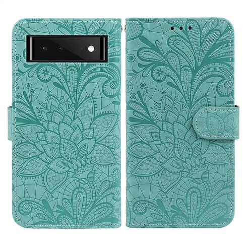Case for Pixel 6 Case, Google 6 G9S9B Wallet Case with Tempered Glass Screen Protector, Lace Flower PU Leather Flip Credit Card Holder Phone Cover for Google Pixel 6 Gray in Saudi Arabia