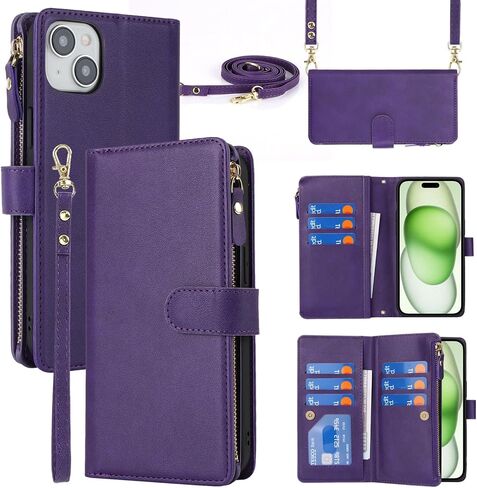 Jaorty Crossbody Wallet for iPhone 15 Plus Case with Adjustable Lanyard Strap Credit Card Holder 6.7",PU Leather Handbag Purse Kickstand Make Up Mirror Cover Case for Men Women Girl,Pink in Kuwait