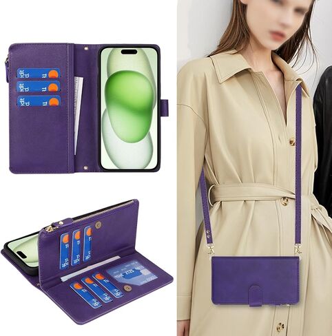 Jaorty Crossbody Wallet for iPhone 15 Plus Case with Adjustable Lanyard Strap Credit Card Holder 6.7",PU Leather Handbag Purse Kickstand Make Up Mirror Cover Case for Men Women Girl,Pink in Kuwait