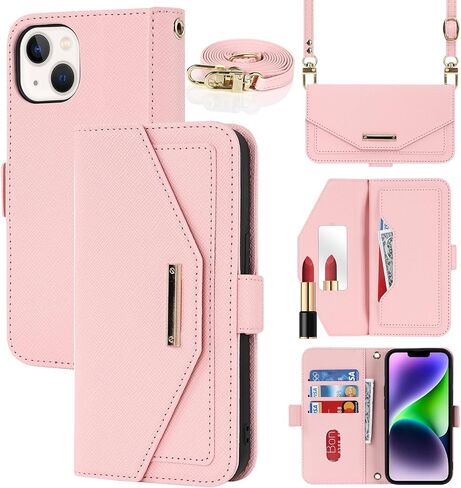 Jaorty Crossbody Wallet for iPhone 15 Plus Case with Adjustable Lanyard Strap Credit Card Holder 6.7",PU Leather Handbag Purse Kickstand Make Up Mirror Cover Case for Men Women Girl,Pink in Kuwait