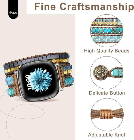 JR.DM Boho Beaded Band Women for Fitbit Versa 4/Versa 3/Sense 2/Sense Bands Natural Stone Bracelet Adjustable Handmade Braided Strap Replacement Wristband in Kuwait