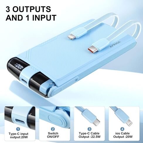 10000mAh Portable Charger with Built-in Cables, 22.5W QC 3.0 & 20W PD Fast Charging for iPhone 16/15, Android & USB-C Devices. Compact, All-in-one Travel Backup Battery with Integrated Cords in Saudi Arabia