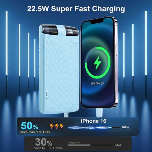 10000mAh Portable Charger with Built-in Cables, 22.5W QC 3.0 & 20W PD Fast Charging for iPhone 16/15, Android & USB-C Devices. Compact, All-in-one Travel Backup Battery with Integrated Cords in Saudi Arabia