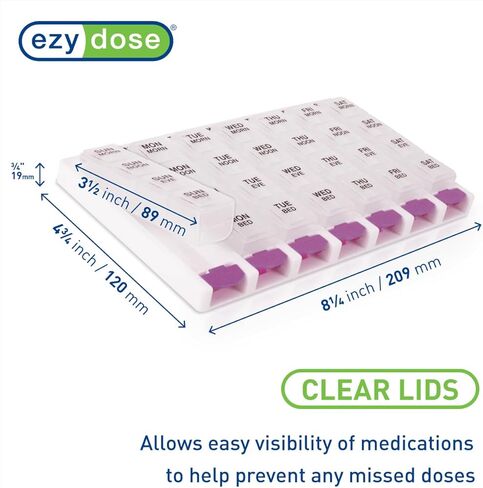 EZY DOSE Weekly (7-Day) Pill Case, Medicine Planner, Vitamin Organizer Box, 4 Times a Day, Small Removable Compartments, Covenient and Easy to Use, Color May Vary, Clear Lids, BPA Free in Kuwait