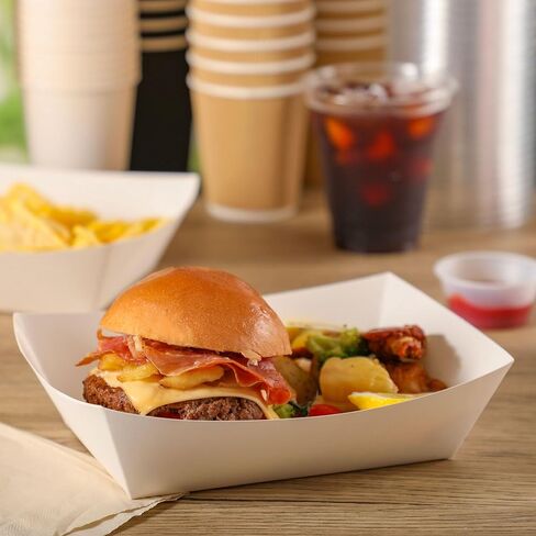 Fit Meal Prep [125 Pack 1 lb Paper Food Trays Heavy Duty Disposable Food Boats, White Nacho Tray for Parties Fairs Picnics Carnivals, Holds Sause Candies Nut Grease Resistant in Kuwait