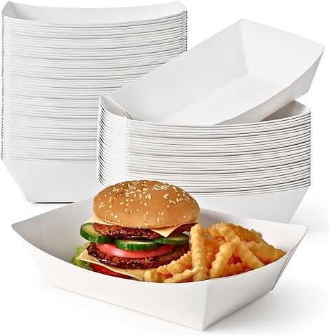 Fit Meal Prep [125 Pack 1 lb Paper Food Trays Heavy Duty Disposable Food Boats, White Nacho Tray for Parties Fairs Picnics Carnivals, Holds Sause Candies Nut Grease Resistant in Kuwait