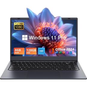 14" Laptop Windows 11 Pro - Intel N5095 Quad-Core, 8GB RAM 128GB SSD, Full HD, WiFi 5/Bluetooth 5.0, Webcam Privacy Cover, Preloaded Office 2024 - Ultra-Portable