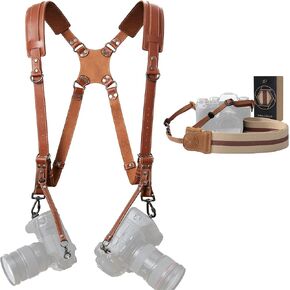 Padwa Lifestyle Dual Camera Harness Strap for Two-Cameras - Dual Shoulder Full Grain Leather Harness,Multi Double Camera Gear for DSLR/SLR Strap and Dark Green Camera Strap
