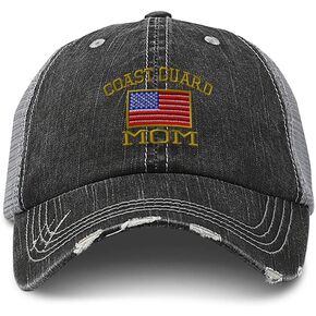 Distressed Trucker Hat American Flag Coast Guard Mom Embroidery for Men & Women Black Gray