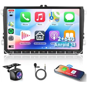 8 CORE 4G+64G Car Radio for VW Passat Jetta Tiguan Golf MK5 MK6 T5 EOS Polo with Wireless CarPlay Android Auto, 9 Inch 1280 * 720P IPS Touch Screen Android 13 Stereo GPS WiFi Bluetooth 32-Band DSP