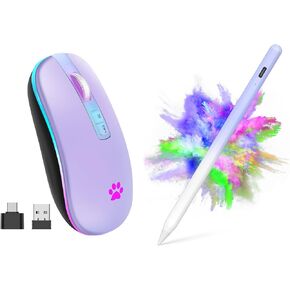 KARFUN 2.4G Rechargeable Wireless Mouse, 7 Color Breathing Lights Computer Mouse (Light Purple) Bundle with Stylus Pen for iPad, Apple Pencil for iPad 2018-2023 with Palm Rejection (Sky Grey)
