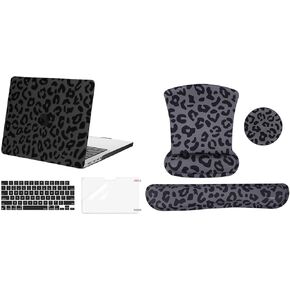 MOSISO Leopard Grain Wrist Rest Support for Mouse Pad&Keyboard Set&Compatible with MacBook Pro 14 inch Case 2024-2021 M3 M2 M1, Leopard Grain Hard Shell&Keyboard Cover&Screen Protector, Black
