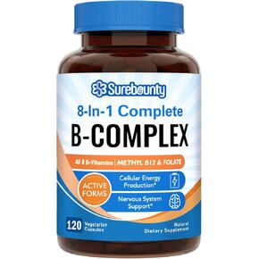 Surebounty 8-in-1 Complete B Complex, All 8 B Vitamins, B12, B1, B2, B3, B5, B6, B9, Biotin, Folate, Methylated & Body-Ready Forms, Energy, Nerve, Blood Support, 60 Caps
