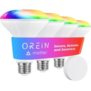 OREiN Matter Smart Light Bulb, Smart Light Bulbs Work with Apple Home, Alexa, Google Home, SmartThings, A19 Color Changing Light Bulbs 2.4Ghz WiFi, 800 Lumens Equivalent 60W 4Pack