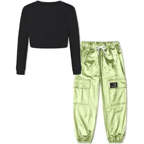 Betusline Girls 2 Piece Outfits Long Sleeve Tee Shirts and Cargo Jogger Pants Outfits, 4T-14 Years