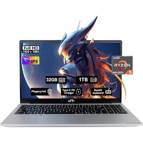 15.6'' FHD Business Gaming-Laptop-Computer - 6 Cores AMD Ryzen 5 6600H, 32GB DDR5 RAM 1TB SSD(Beat i5 12450H, Up to 4.5GHz), 100W Type C, 6 Cores 660M GPU, IPS, Fingerprint, Backlit Keyboard, Numpad