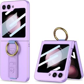 DEMCERT for Samsung Galaxy Z Flip 5 Case with Wrist Band Ring, Ultra Thin Hard PC Back 9H Glass Camera Lens Protector Shockproof Cover for Samsung Galaxy Z Flip 5 5G (Purple)