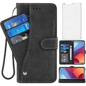 Asuwish Compatible with LG G6 Wallet Case and Tempered Glass Screen Protector Flip Credit Card Holder Cell Accessories Phone Cover for LGG6 ThinQ LG6 Thin Q G 6 Plus G6+ 6G VS988 H872 Women Men Black