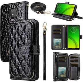 Argyle Wallet Case for Moto G7 Power/MotoG7 Supra/Moto7 Optimo Max with Lanyard Luxury PU Leather Zipper Purse Shockproof Cell Phone Cover for Motorola MotoG7Power G 7 7G G7Power 7th Gen Black