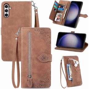 Wallet Case for Samsung Galaxy S24 Plus/S25 Plus S24+ S25+ 5G with Wrist Strap Lanyard, Flower Pattern Zipper Pocket Folio Purse Phone Cover for S24Plus 24S + S 24 24+ S25Plus 25S 25+ Brown